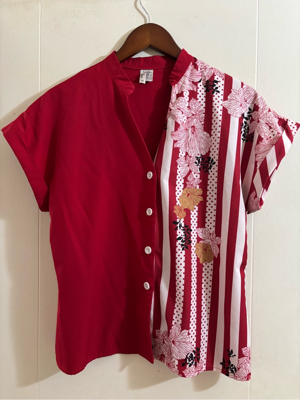 SHAN Red and White Floral Striped Short Sleeve Blouse